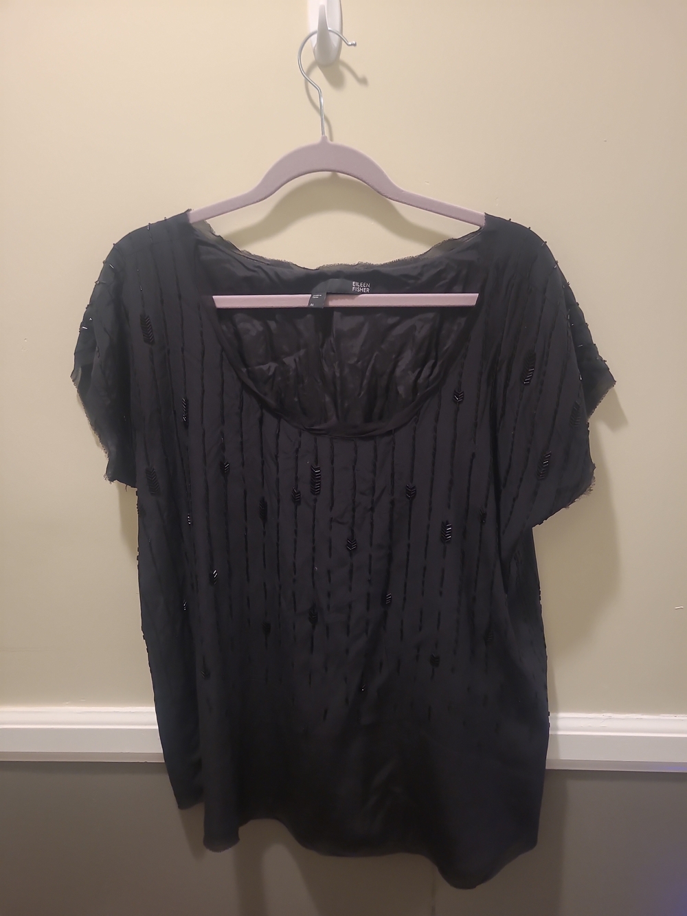 Eileen Fisher Black Beaded Silk Crepe De Chine Top Blouse Medium MSRP $238